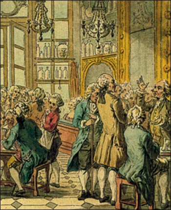 Ένα "καφέ", χώρος διάχυσης των ιδεών. Υδατογραφία ανώνυμου, 18ου αιώνας. Παρίσι, Εθνική Βιβλιοθήκη.