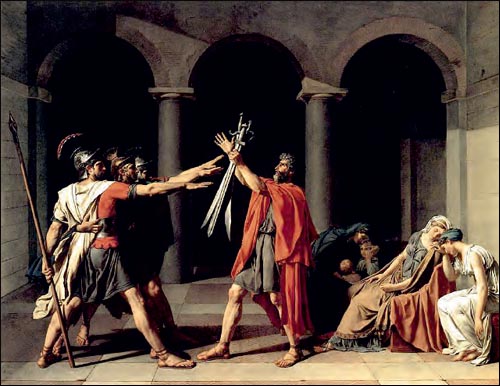 Νταβίντ, Ο όρκος των Ορατίων, 1785, ελαιογραφία, Παρίσι, Λούβρο. Ο πίνακας θεωρείται ως το μανιφέστο τον γαλλικού νεοκλασικισμού, ως "ο ωραιότερος πίνακας του αιώνα" και ως επαναστατικό έργο ανταποκρινόμενο στις ηθικές και πολιτικές προσδοκίες της αστικής τάξης.