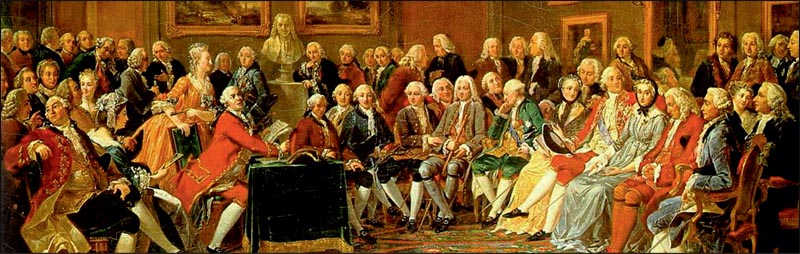 Συγκέντρωση στο σαλόνι της πλούσιας αστής μαντάμ Ζοφρέν. Έργο ζωγραφικής του Λεμονιέ (G. Lemonnier), 18ος αιώνας, Ρουέν.