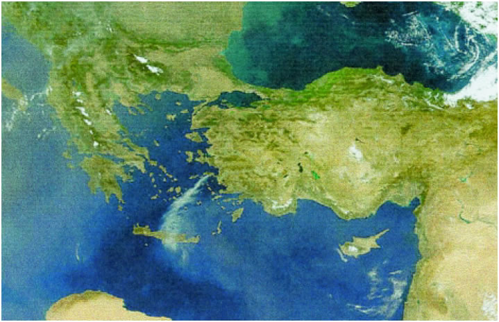 Εικόνα 2.32: Καπνός από φωτιά στη Σάμο (07/08/2000), όπως φαίνεται από δορυφόρο.