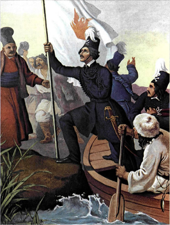 Ο Αλέξανδρος Υψηλάντης διέρχεται τον Προύθο. Φανταστική σύνθεση του Peter von Hess. Μουσείο Μπενάκη, Αθήνα.